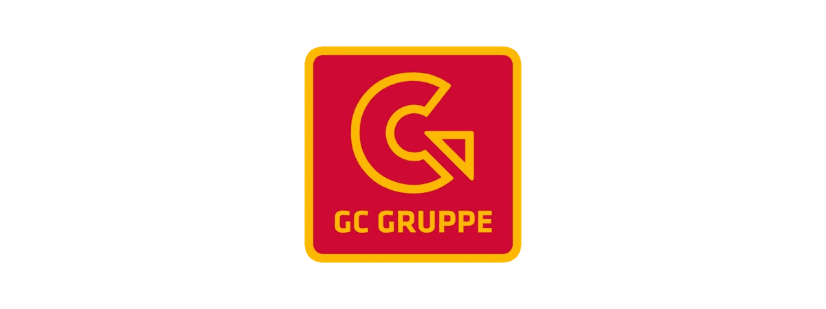 Logo der GC Gruppe mit stilisiertem gelbem Buchstaben G auf rotem Hintergrund und gelben Rahmen.