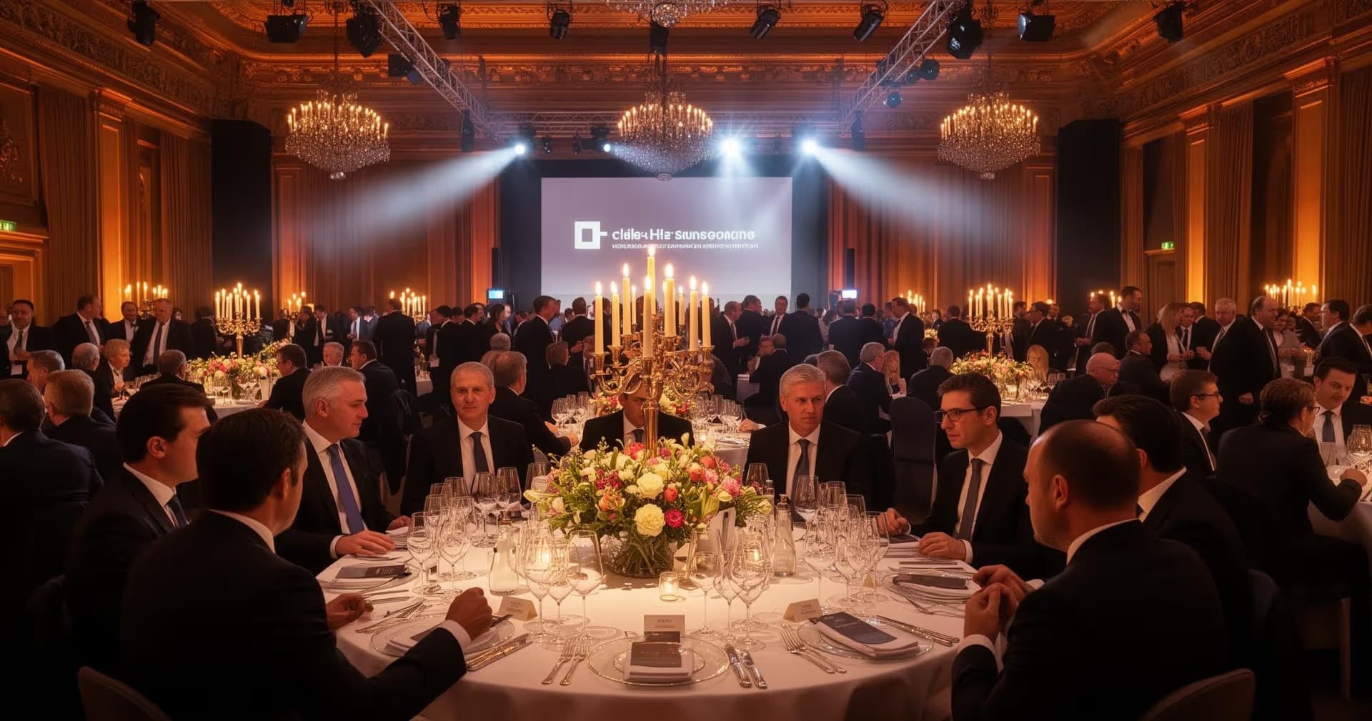 Eleganter Bankettsaal mit festlich gedeckten Tischen, Kronleuchtern und Gästen in formeller Abendgarderobe.