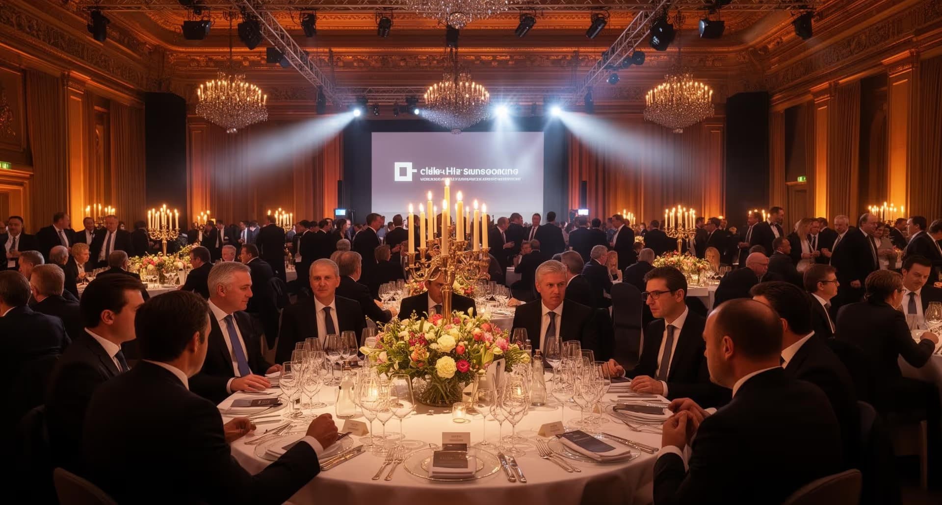 Eleganten festlichen Bankettsaal mit Gästen in Anzügen, dekoriert mit Blumenarrangements und Kerzenleuchtern.